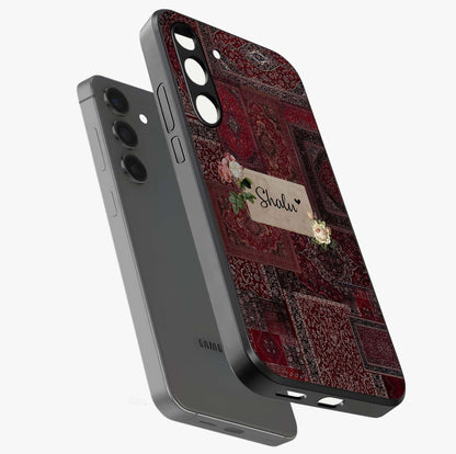 Velvet Wine Pattern Custom Name Glass Case displayed in angled mockup highlighting decorative velvet inspired design with custom name feature.