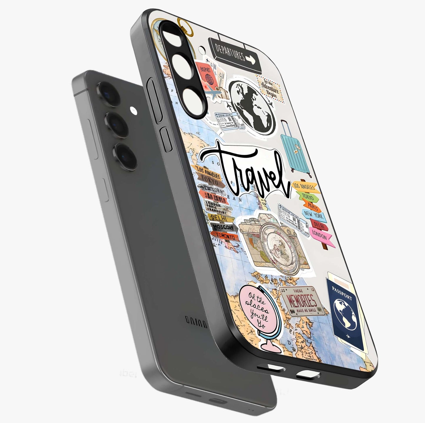 Wanderlust Journal Glass Case displayed in angled mockup highlighting adventure themed design with aesthetic travel vibe.
