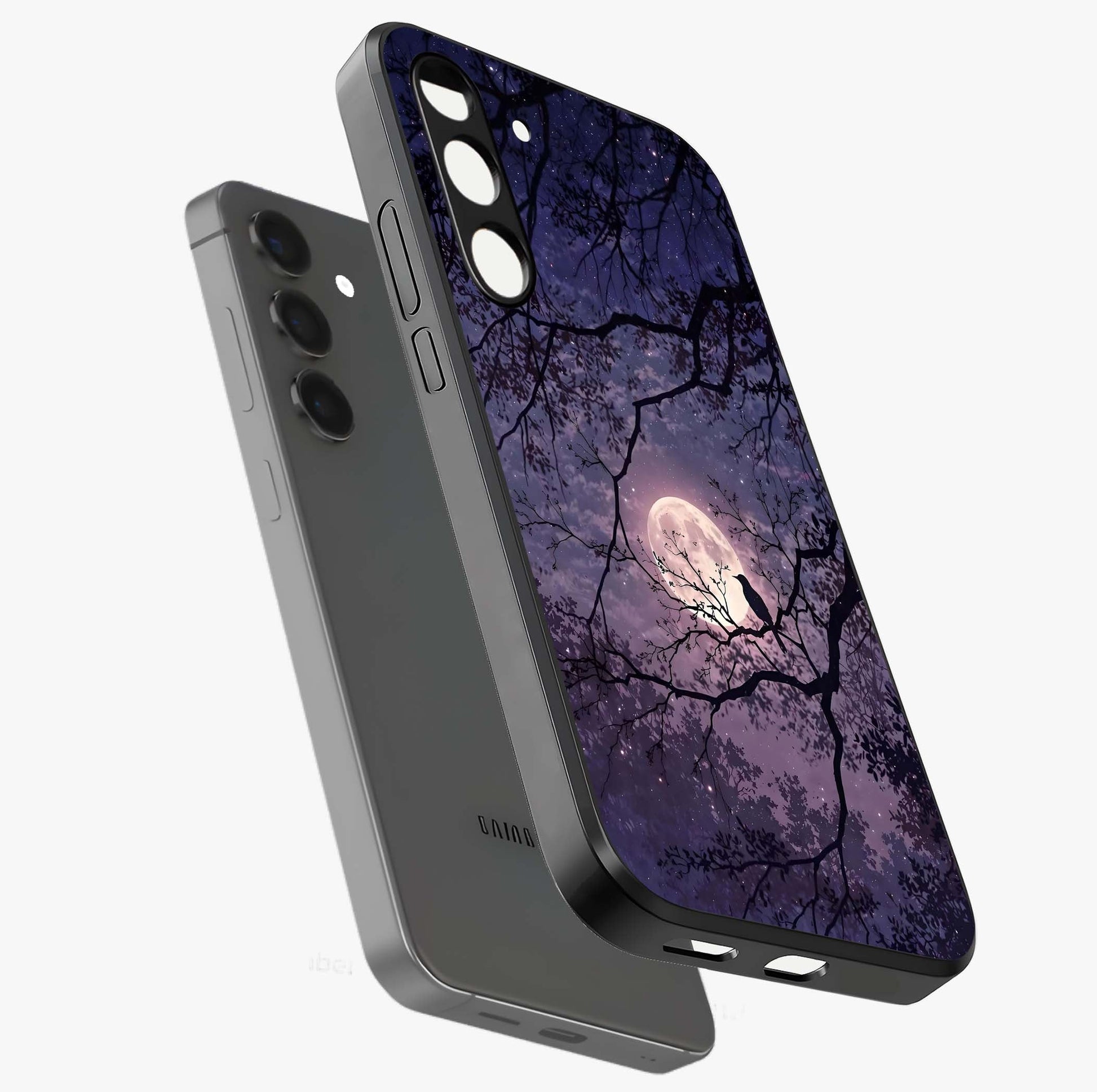 Whispering Moon Silence Glass Case displayed in angled mockup highlighting calm lunar design with dreamy night aesthetic.