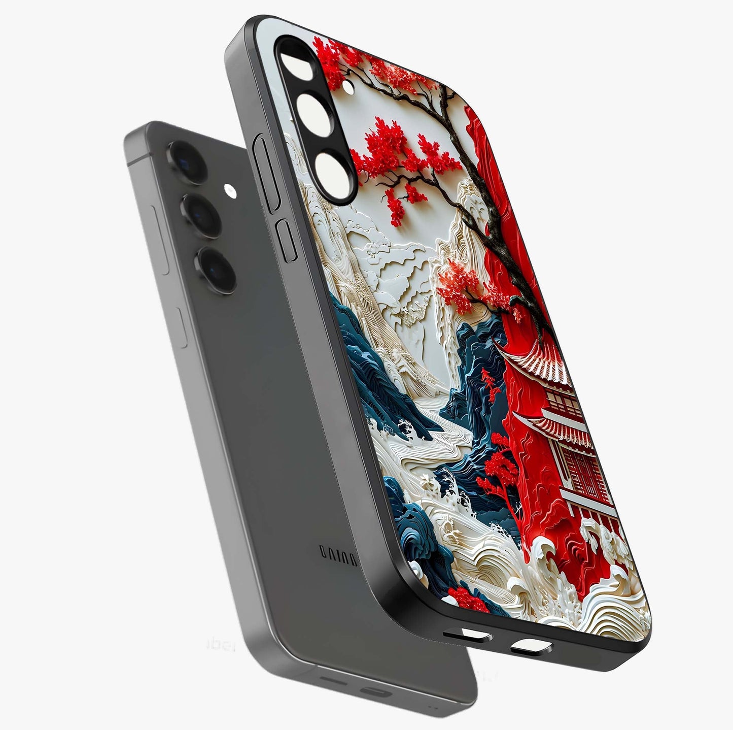 Whispers Of Sakura Waves Glass Case displayed in angled mockup highlighting flowing sakura design with soft floral aesthetic.