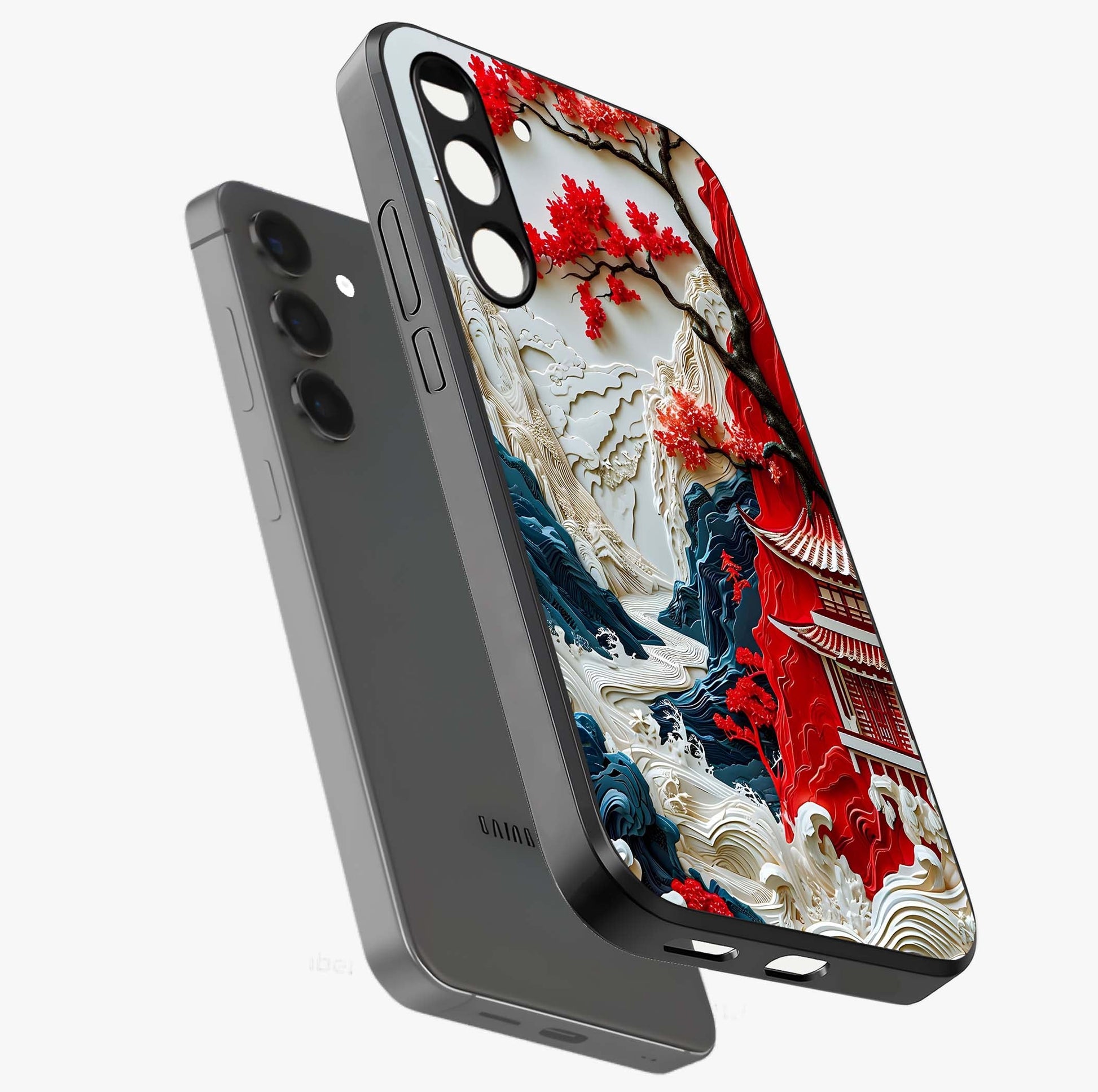 Whispers Of Sakura Waves Glass Case displayed in angled mockup highlighting flowing sakura design with soft floral aesthetic.