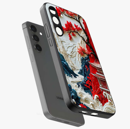 Whispers Of Sakura Waves Glass Case displayed in angled mockup highlighting flowing sakura design with soft floral aesthetic.