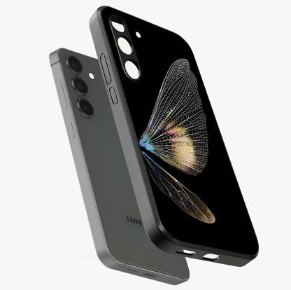 Whispers Of Wings Glass Case displayed in angled mockup highlighting soft feather design with celestial aesthetic style.