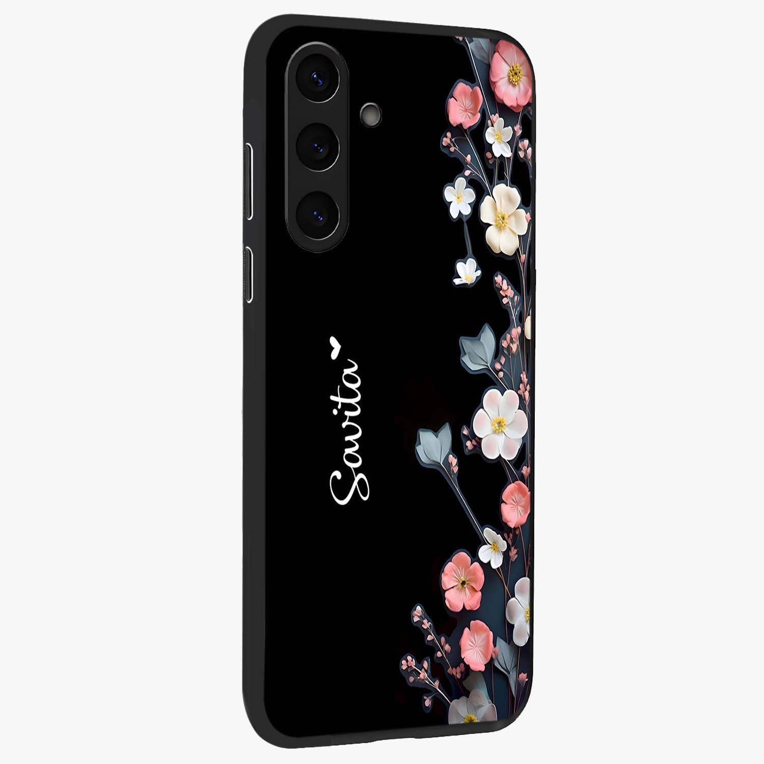 Black Elegance Floral Custom Name Glass Case upright view showcasing luxurious black floral design with personalized name detail.