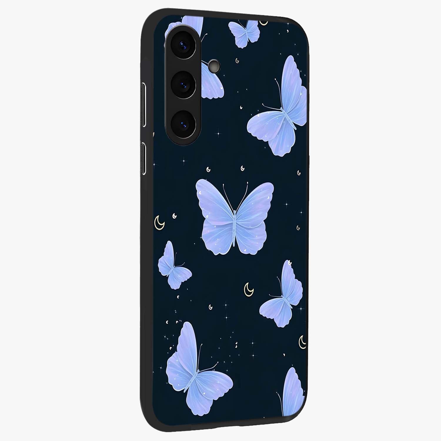Butterfly With Stars Pattern Glass Case upright view showcasing celestial butterfly artwork with sparkling star elements.