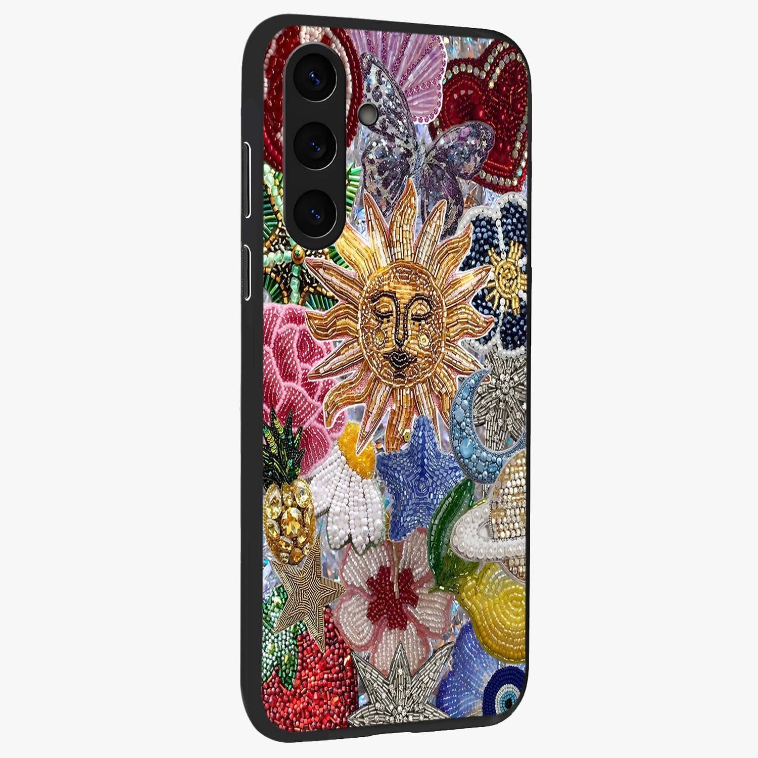 Celestial Floral and Playful Glass Case upright view showcasing whimsical floral artwork with cosmic aesthetic theme.