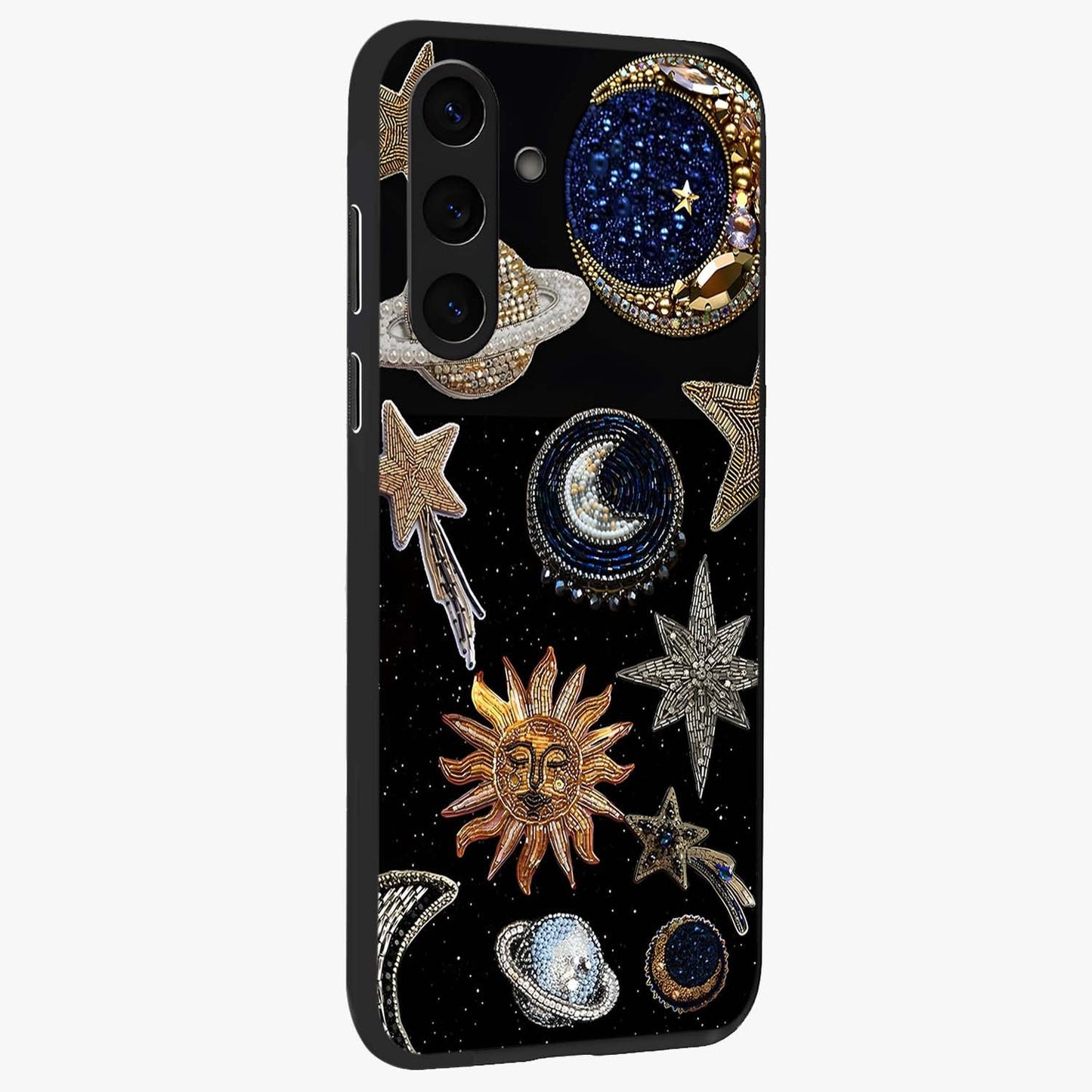 Celestial Gem Constellations Glass Case upright view showcasing cosmic constellation artwork with celestial aesthetic style.