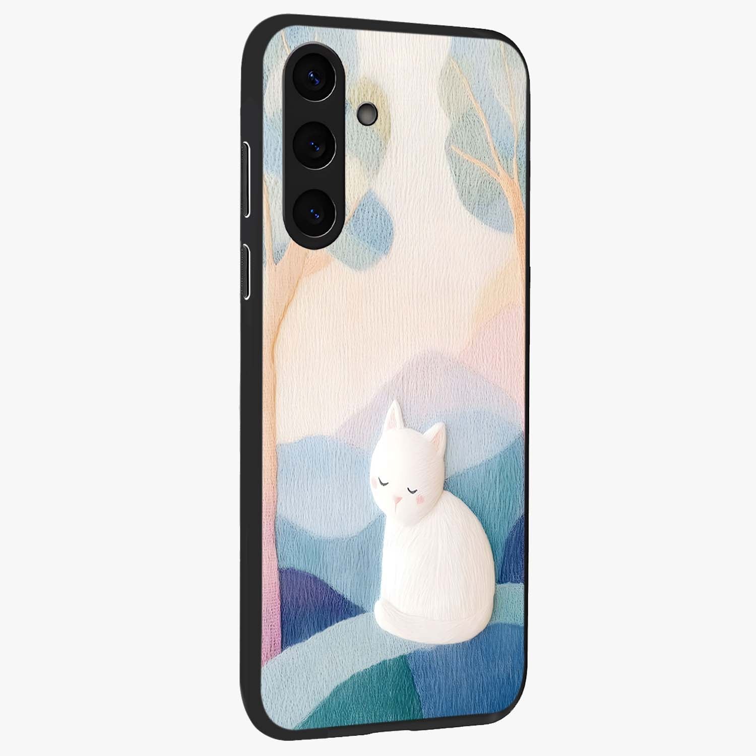 Cotton Dream Cat Glass Case upright view showcasing charming cat artwork with cozy dreamy theme.