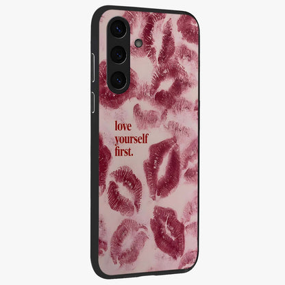 Crimson Kiss Love Glass Case upright view showcasing expressive romantic artwork with deep crimson theme.