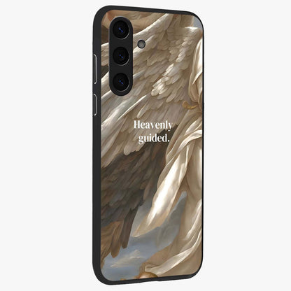 Divine Winged Grace Glass Case upright view showcasing spiritual wing artwork with soft celestial theme.