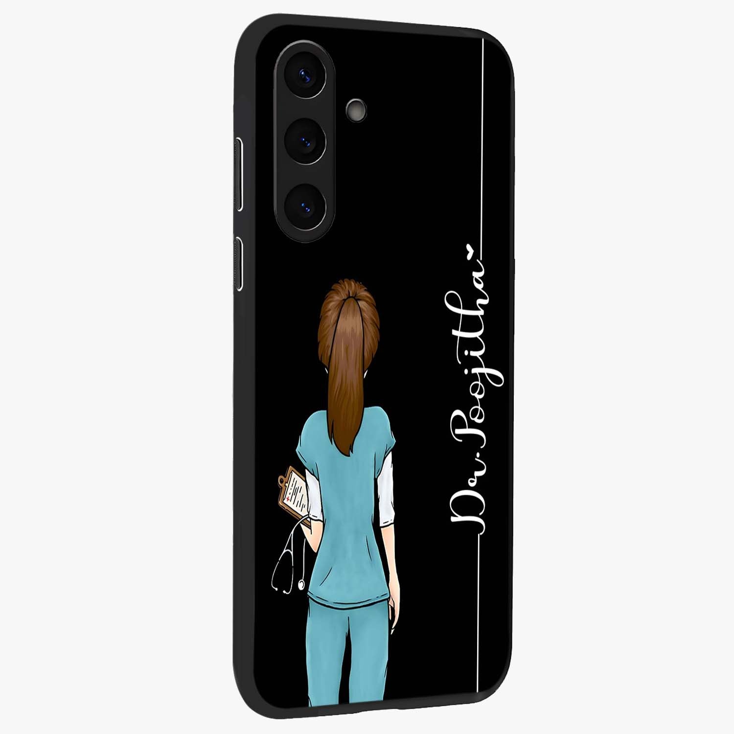 Doctor Pattern Custom Name Glass Case upright view showcasing healthcare themed design with personalized aesthetic.