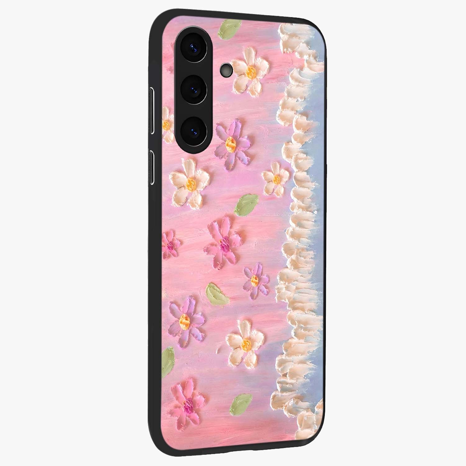 Dreamy Painted Garden Glass Case upright view showcasing vibrant floral garden artwork with artistic nature theme.