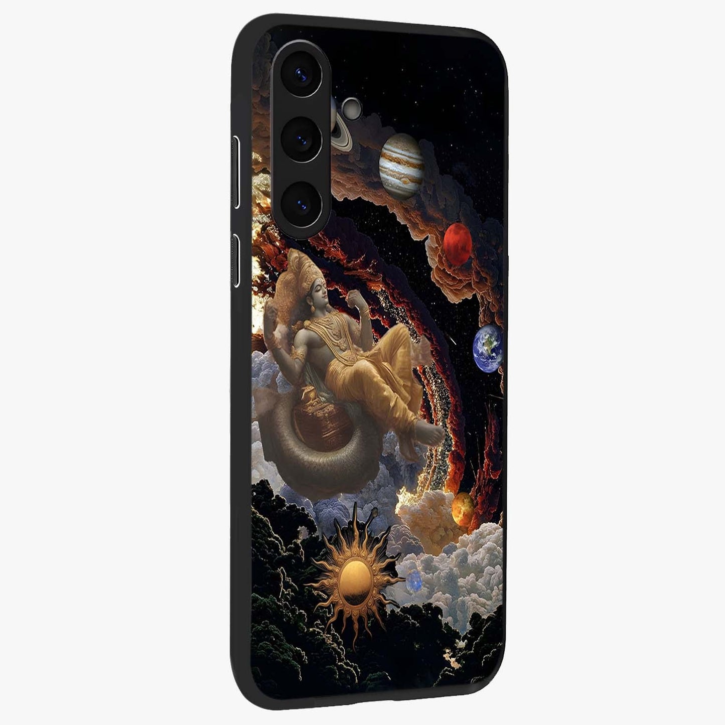 Galactic Divine God Glass Case upright view showcasing mystical divine artwork with dramatic cosmic theme.