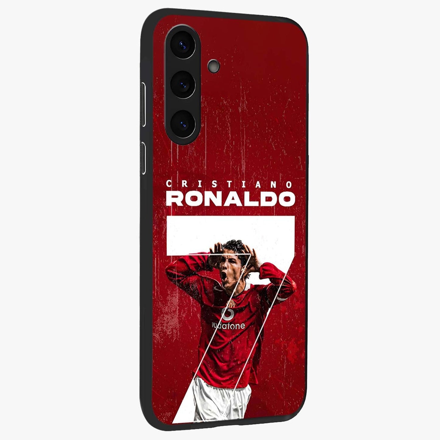 Goal Celebration Legacy Glass Case upright view showcasing dynamic football inspired artwork with victory celebration aesthetic.