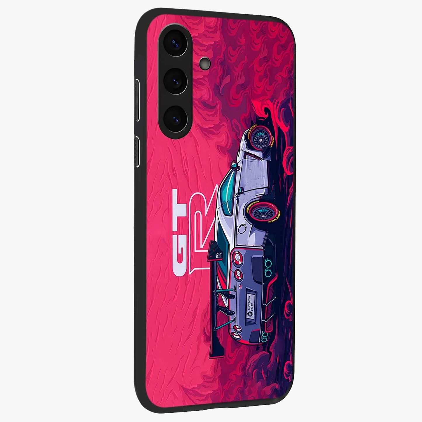 GT-R Car Pattern Glass Case upright view showcasing dynamic car pattern artwork with modern sports theme.