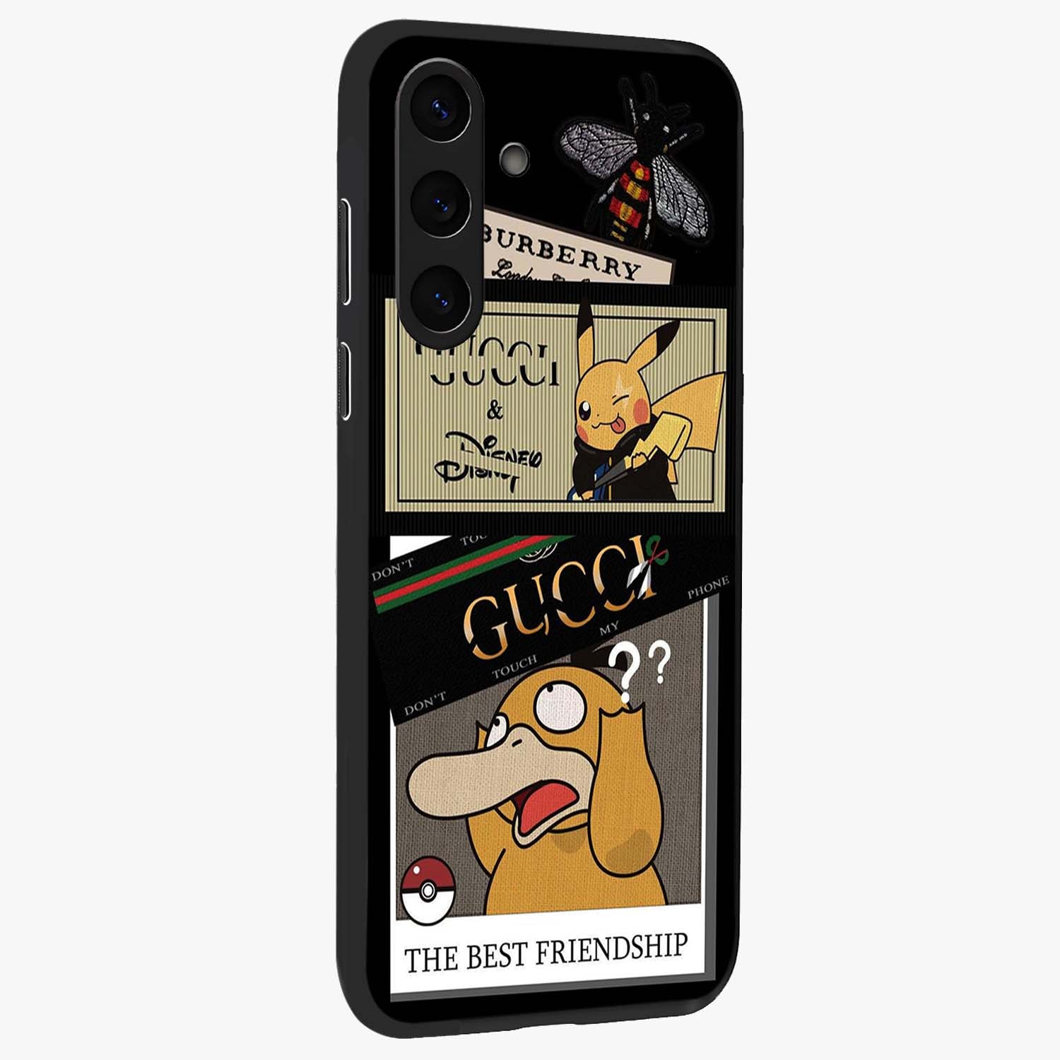 Gucci Play Mashup Glass Case upright view showcasing trendy luxury inspired artwork with modern fashion theme.
