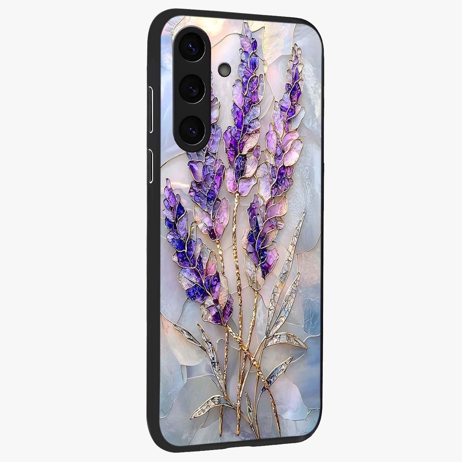 Lavender Dream Glow Glass Case upright view showcasing radiant lavender glow artwork with calming dreamy theme.