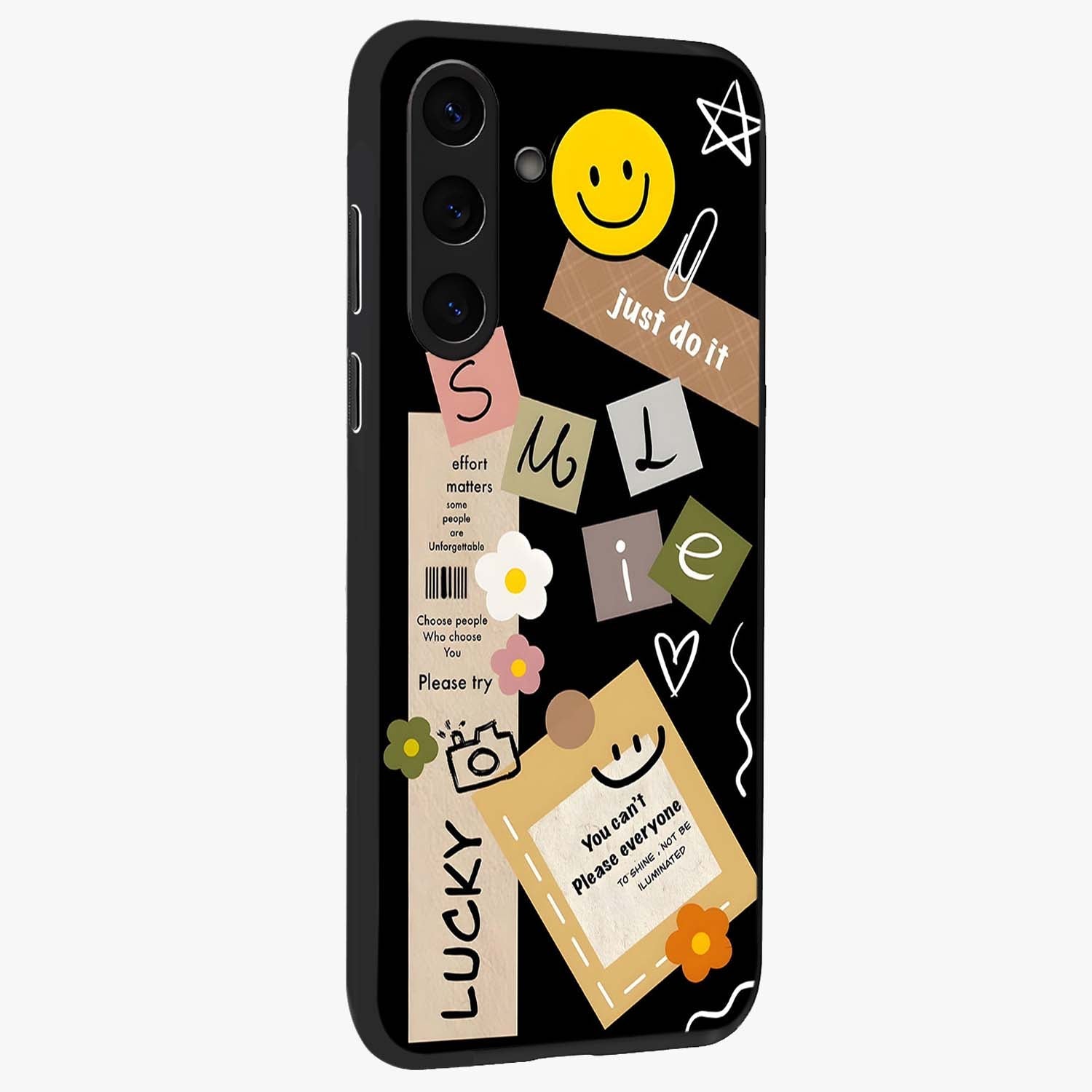 Lucky Aesthetic Collage Glass Case upright view showcasing vibrant collage artwork with youthful aesthetic theme.