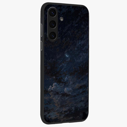 Lunar Veil Silence Glass Case upright view showcasing calm moon themed artwork with serene night atmosphere.