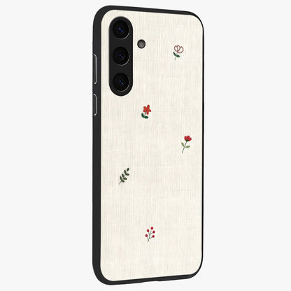 Minimalistic Blue With White Flower Pattern Glass Case upright view showcasing clean white flower artwork with calming blue theme.