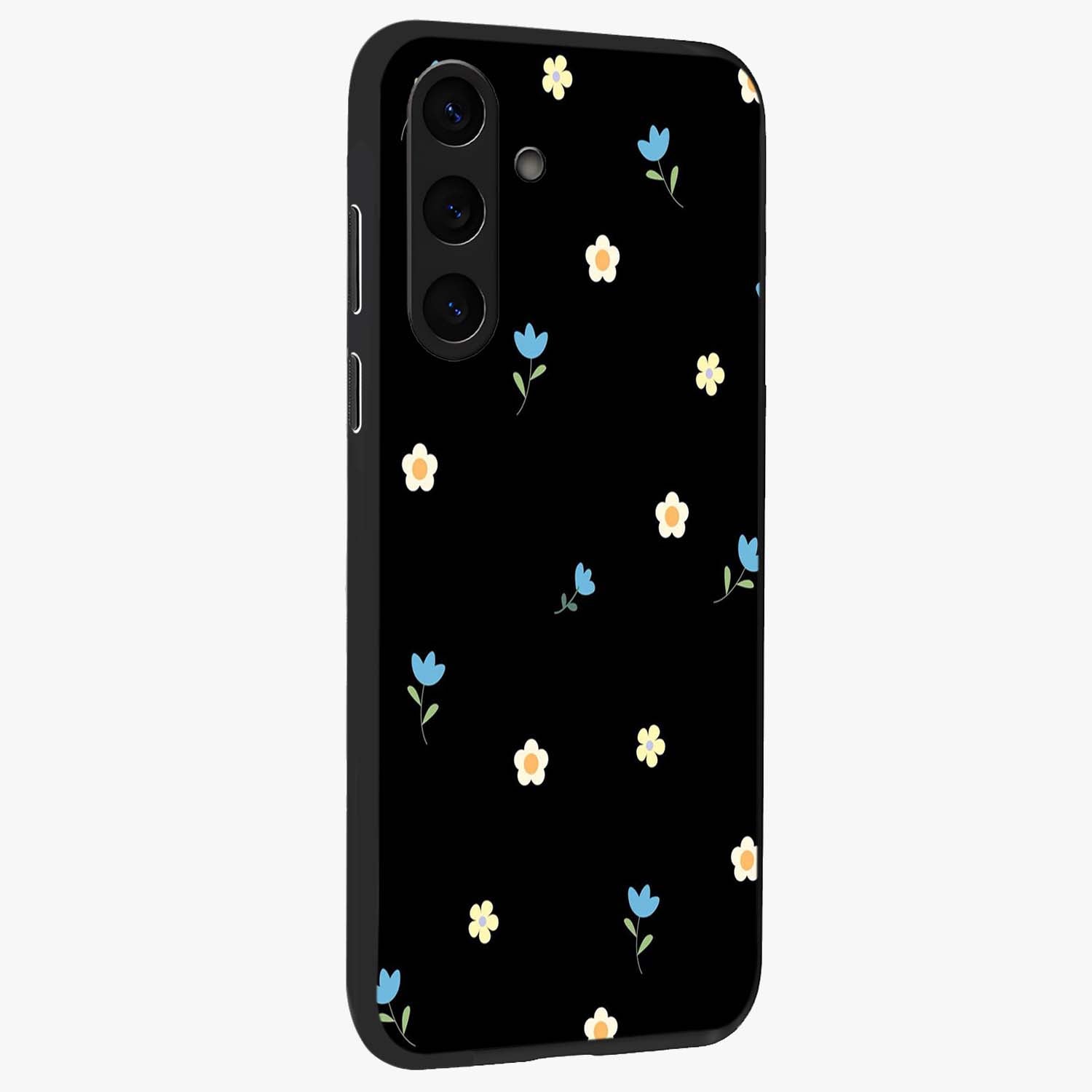 Minimal Petal Whispers Glass Case upright view showcasing elegant floral artwork with modern minimalist style.