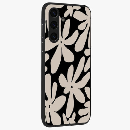 Monochrome Petal Dance Glass Case upright view showcasing artistic floral pattern with stylish monochrome theme.