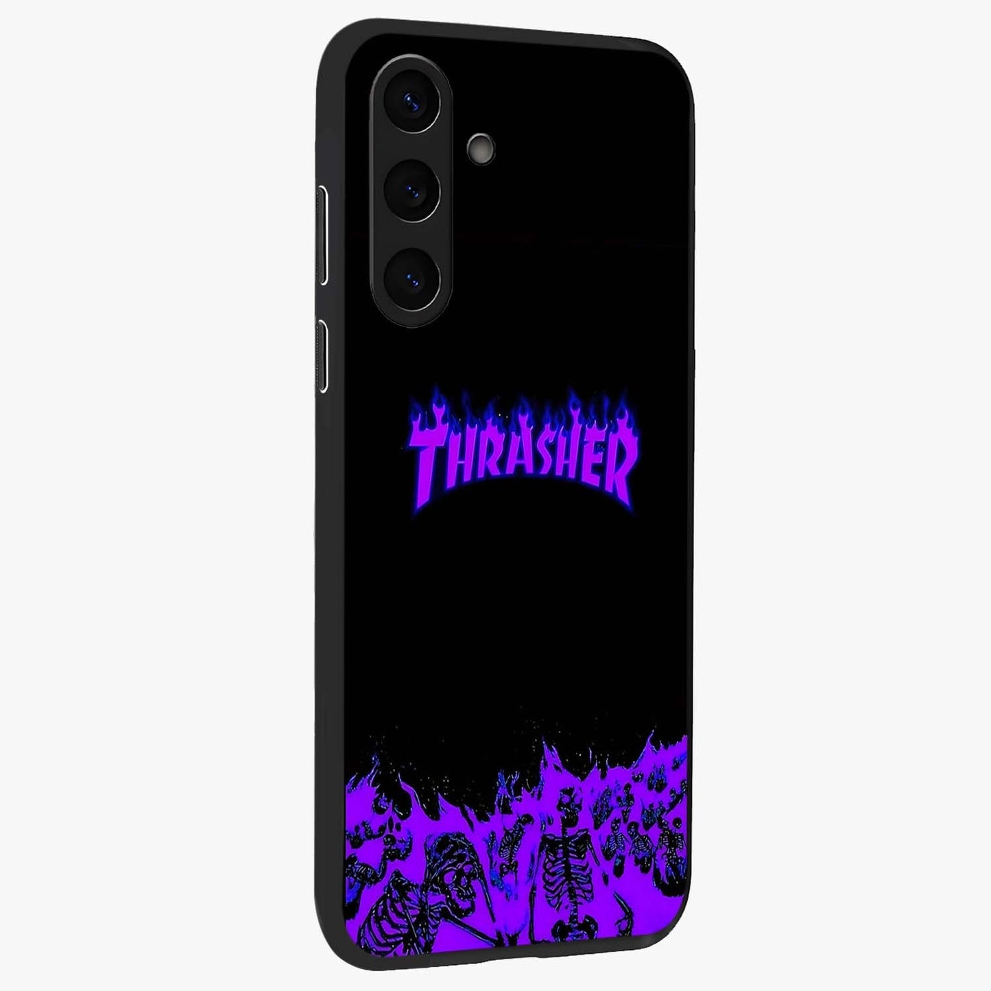 Neon Flame Riot Glass Case upright view showcasing dynamic flame artwork with energetic neon theme.