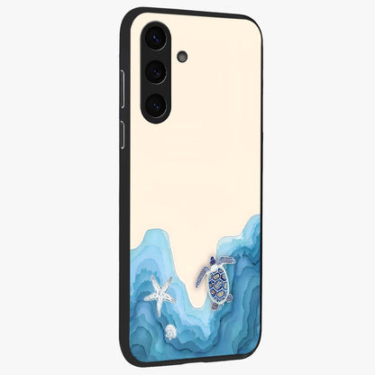 Ocean Drift Turtle Glass Case upright view showcasing calm underwater turtle artwork with nature inspired theme.
