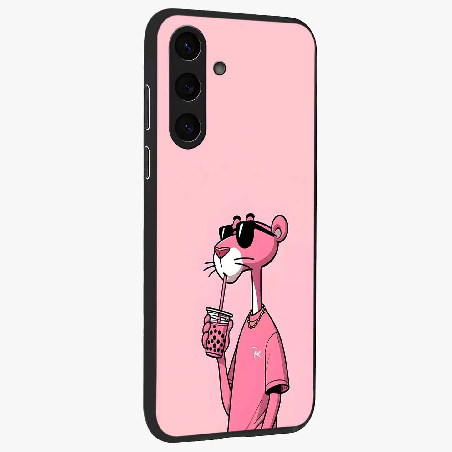 Pink Panther Glass Case upright view showcasing fun animated artwork with stylish retro cartoon theme.
