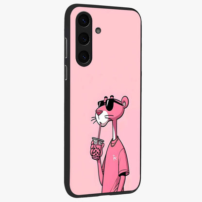 Pink Panther Glass Case upright view showcasing fun animated artwork with stylish retro cartoon theme.