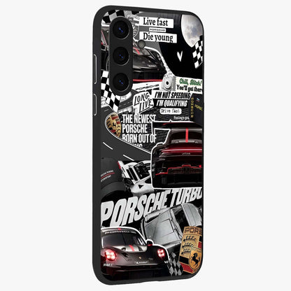 Porsche Racing Collage Glass Case upright view showcasing energetic car collage artwork with high speed racing theme.