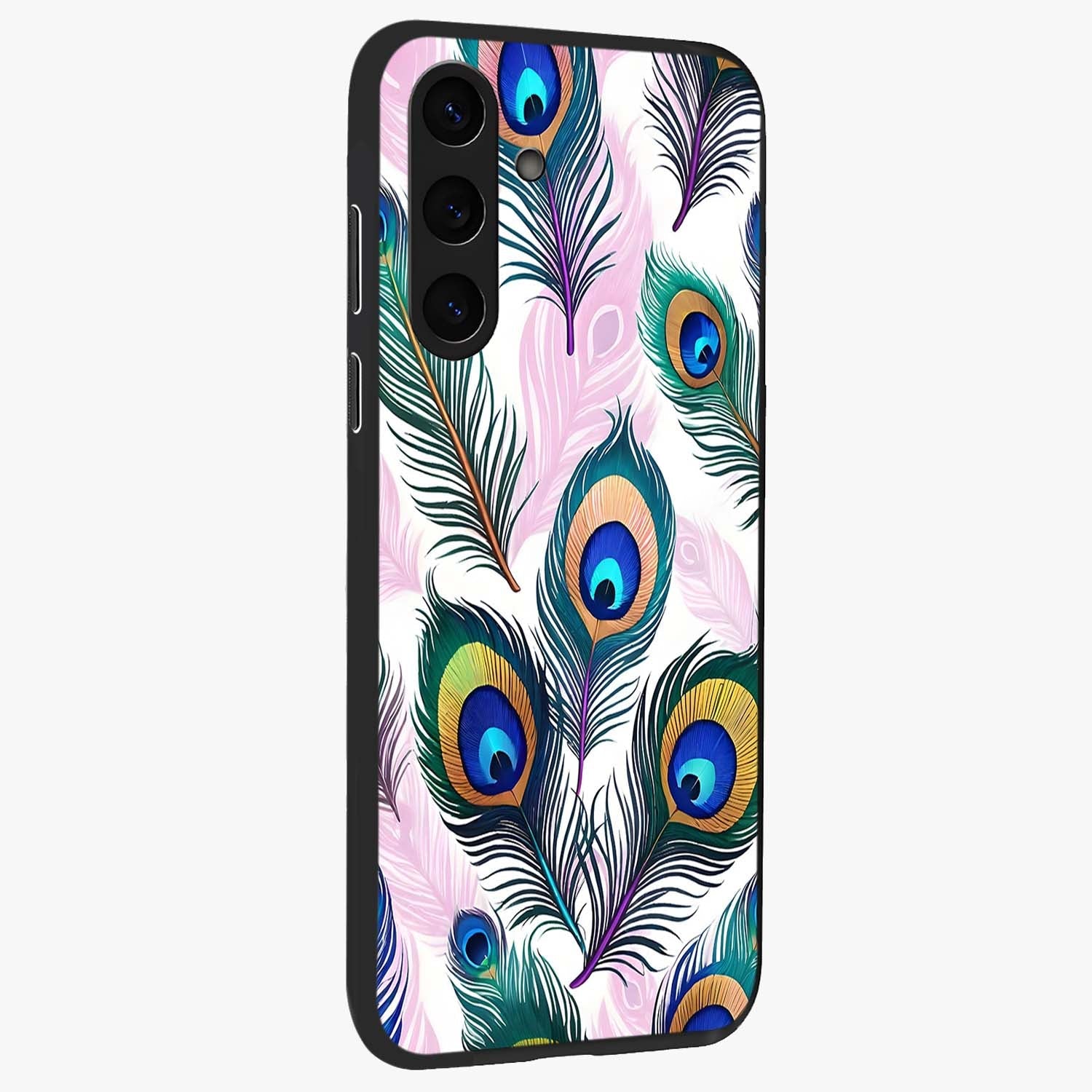 Royal Peacock Feathers Glass Case upright view showcasing elegant peacock feather artwork with decorative royal theme.