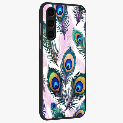 Royal Peacock Feathers Glass Case upright view showcasing elegant peacock feather artwork with decorative royal theme.