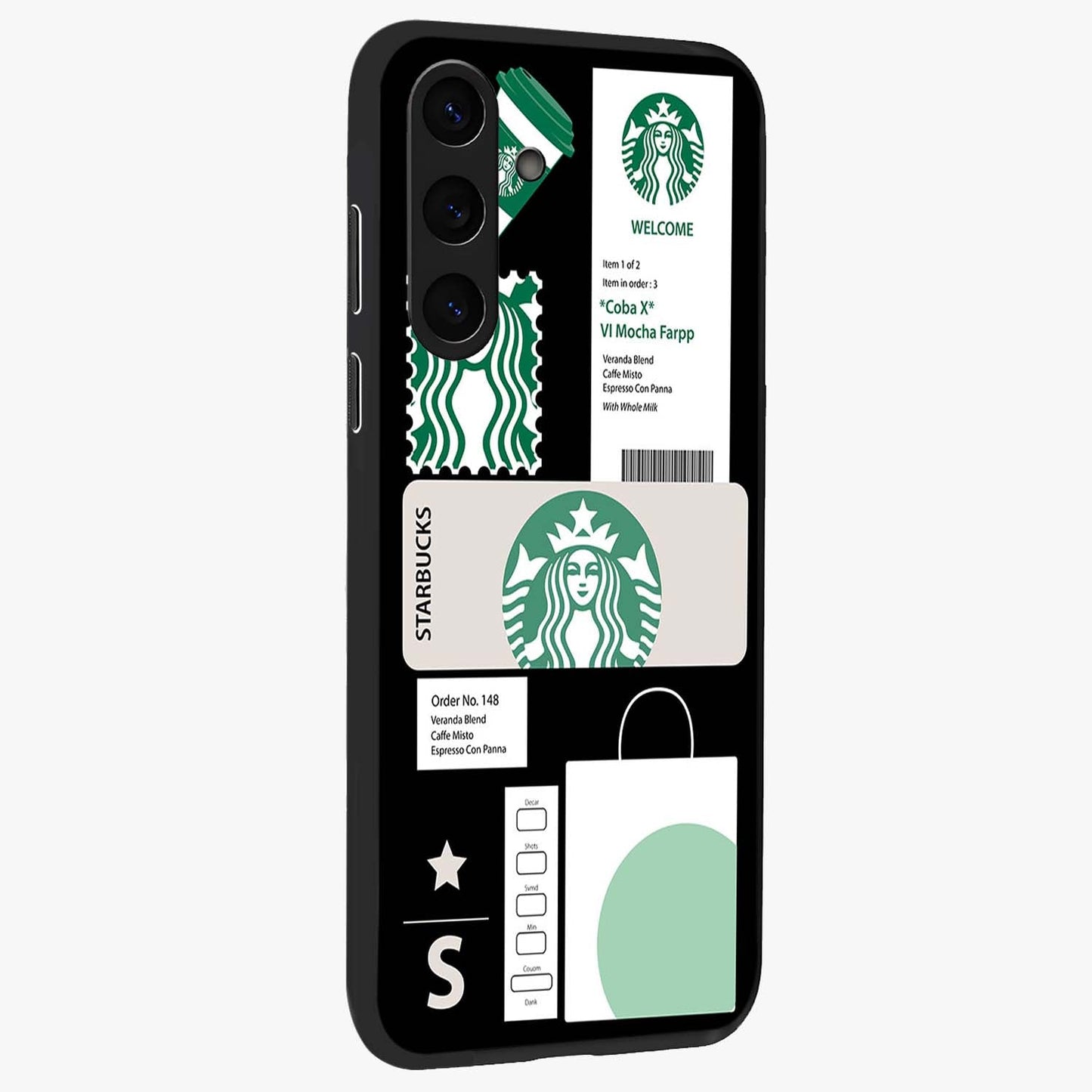 Starbucks Mocha Glass Case upright view showcasing trendy coffee inspired artwork with modern lifestyle theme.