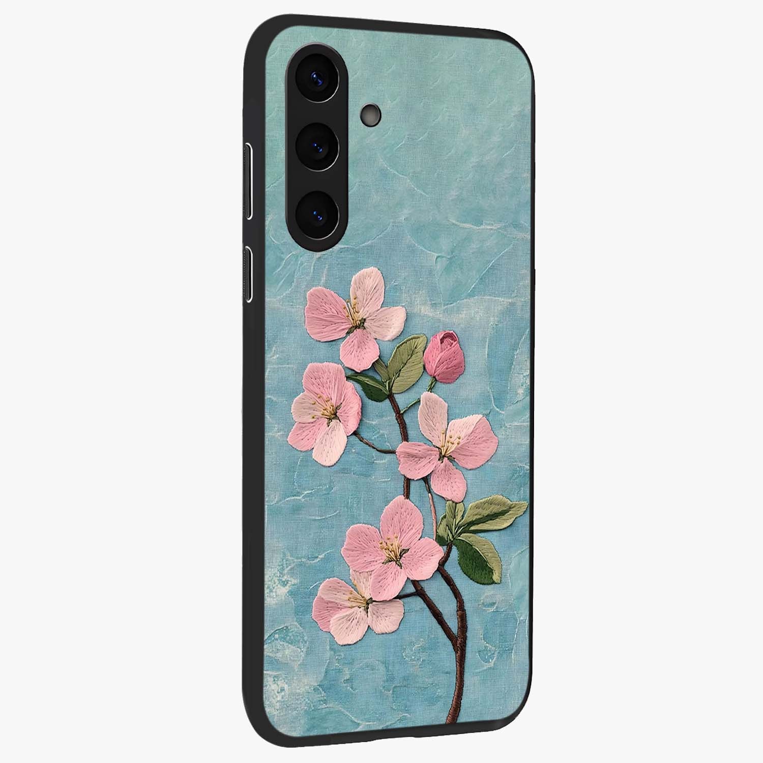 Threaded Blossom Breeze Glass Case upright view showcasing graceful flower artwork with calm botanical theme.