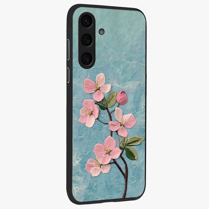 Threaded Blossom Breeze Glass Case upright view showcasing graceful flower artwork with calm botanical theme.