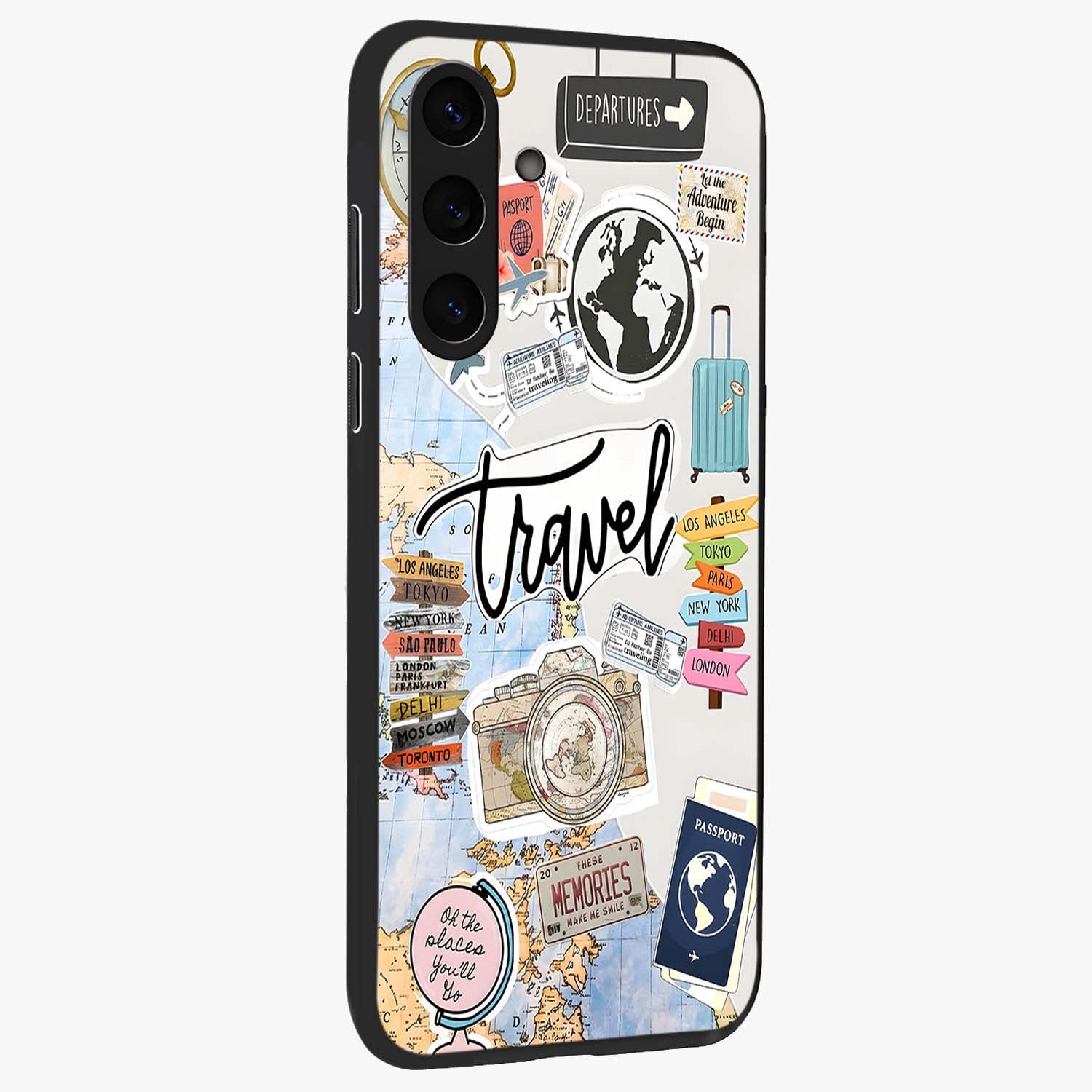 Wanderlust Journal Glass Case upright view showcasing wanderlust inspired artwork with creative exploration theme.