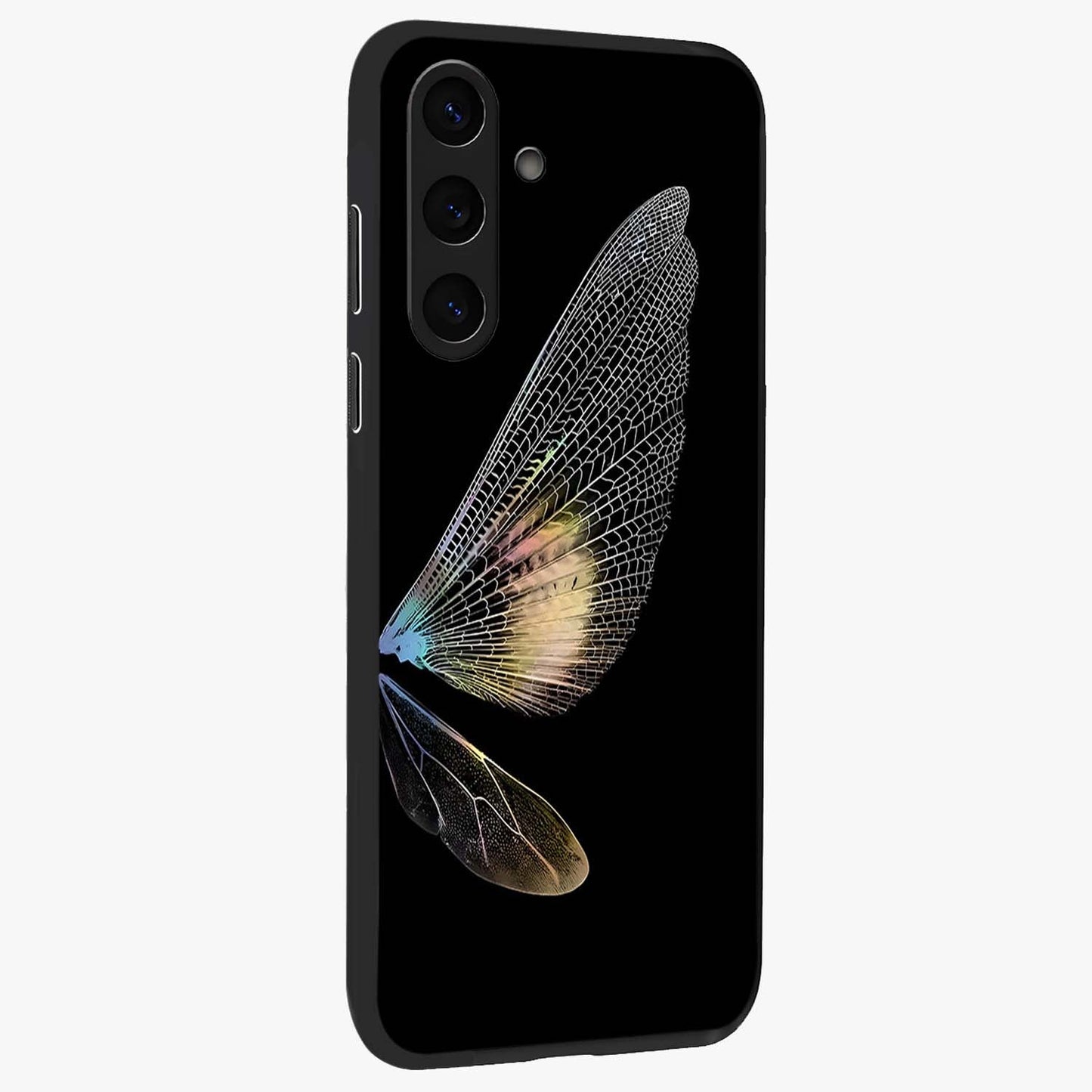 Whispers Of Wings Glass Case upright view showcasing elegant wing artwork with light airy theme.