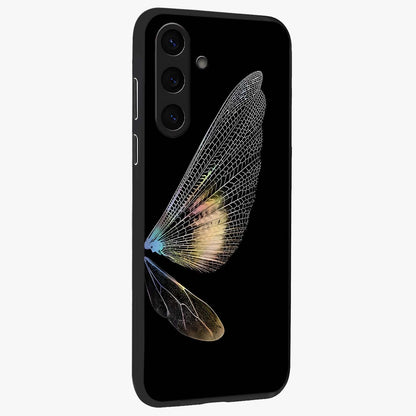 Whispers Of Wings Glass Case upright view showcasing elegant wing artwork with light airy theme.