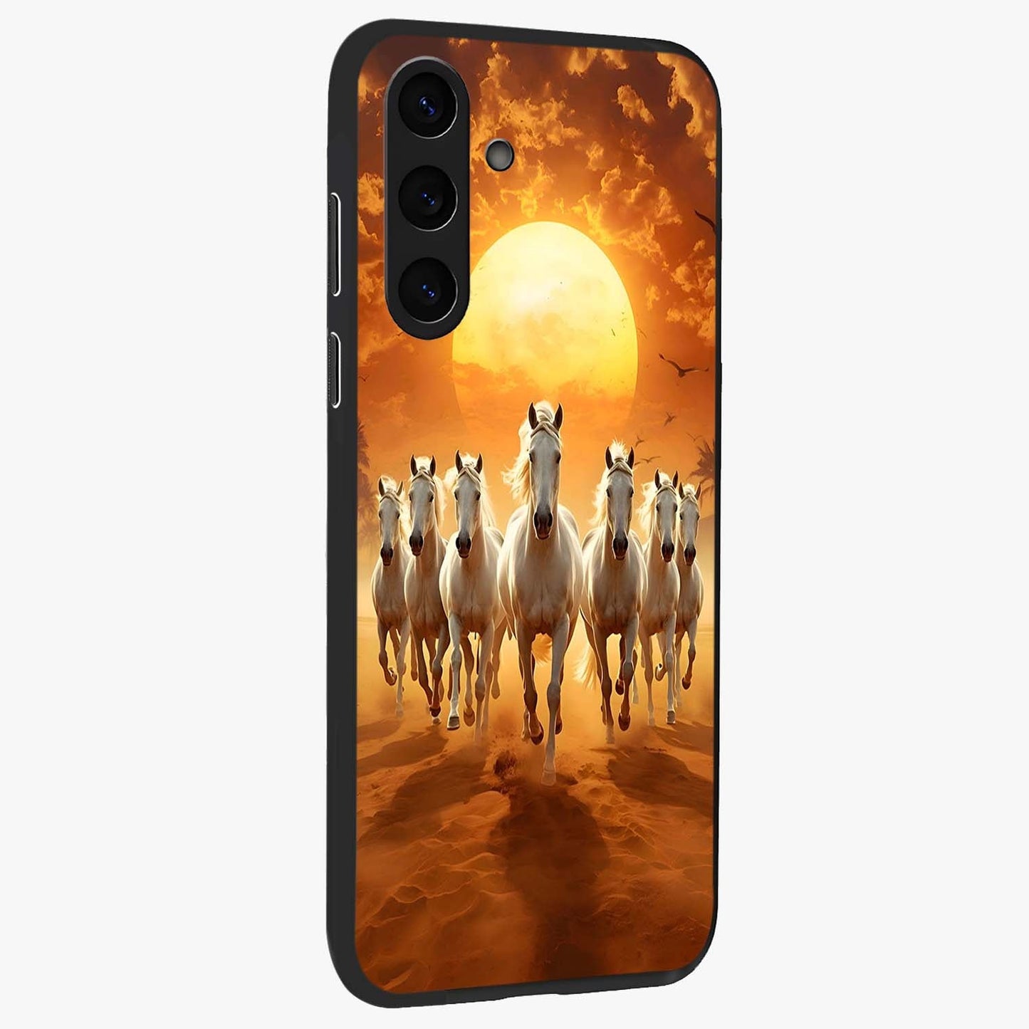 Wild Sunset Majesty Glass Case upright view showcasing dramatic sunset artwork with bold nature theme.
