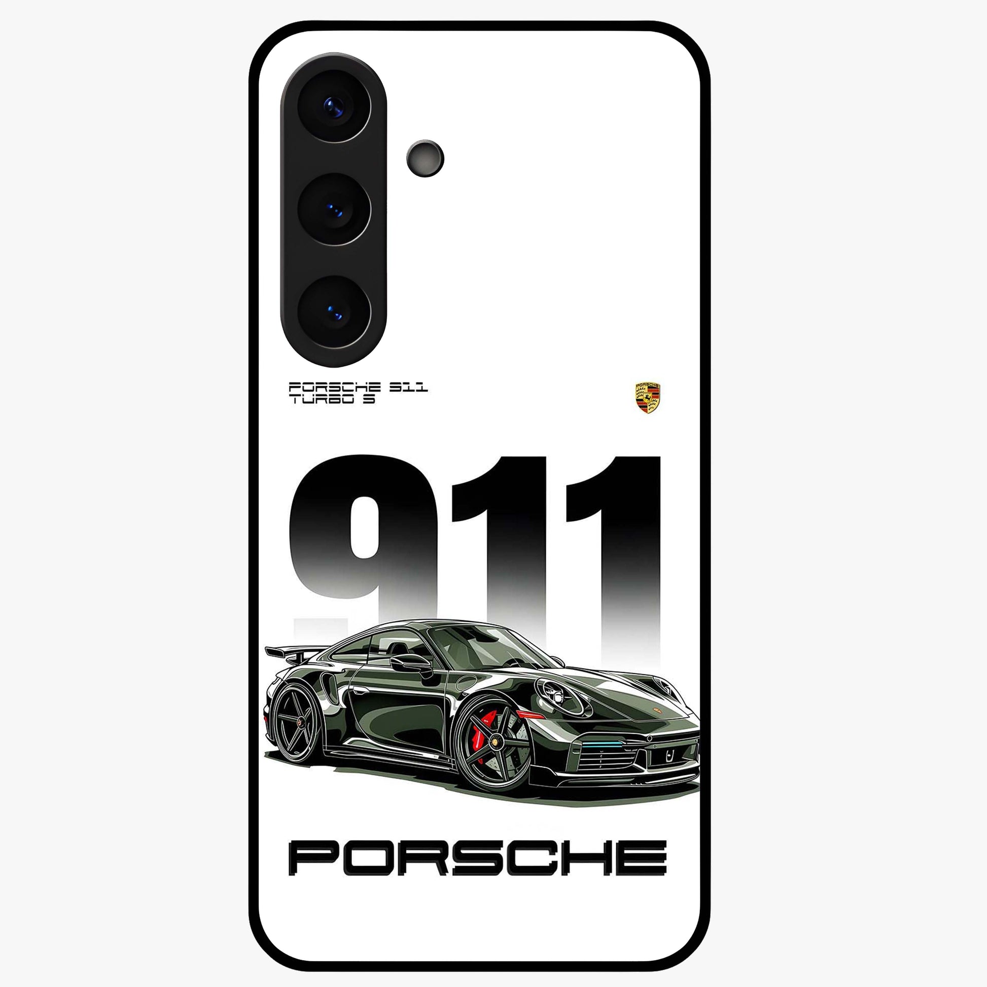 911 Turbo Dominance Glass Case showing clean flat back view with bold 911 sports car artwork and glossy glass finish.