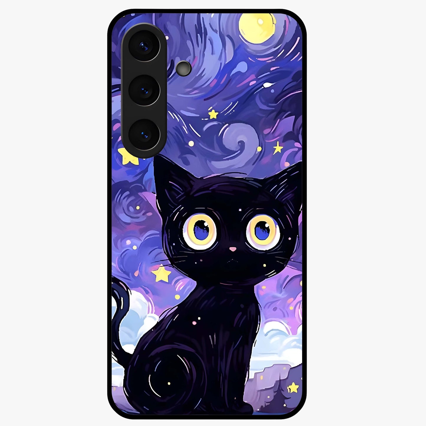Abstract Cat Art Glass Case showing flat back view with artistic cat illustration and glossy glass finish.