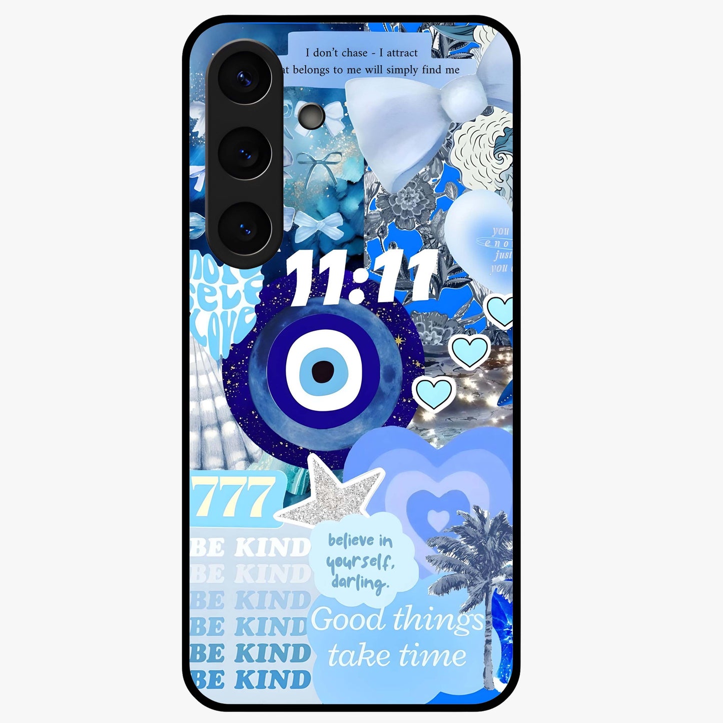 Aesthetic Be Kind Eye Glass Case showing flat back view with motivational eye artwork and glossy glass finish.
