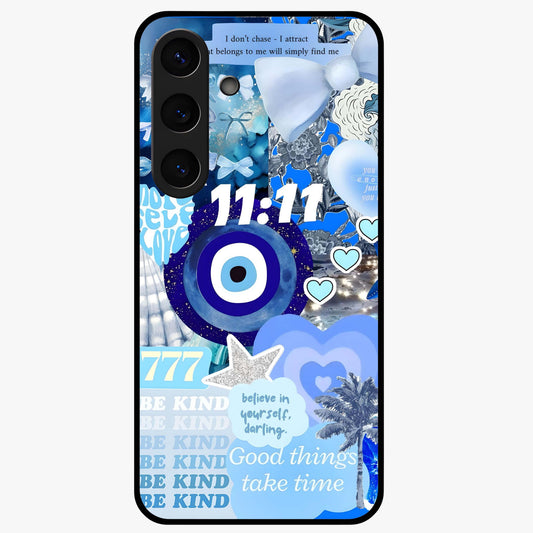 Aesthetic Be Kind Eye Glass Case showing flat back view with motivational eye artwork and glossy glass finish.