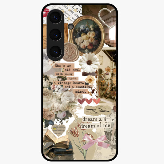 Aesthetic Brown Vintage Collage Glass Case showing flat back view with retro collage artwork and glossy glass finish.