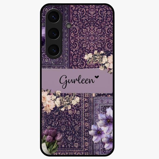 Antique Floral Whisper Custom Name Glass Case showing flat back view with vintage floral artwork and personalized name design.
