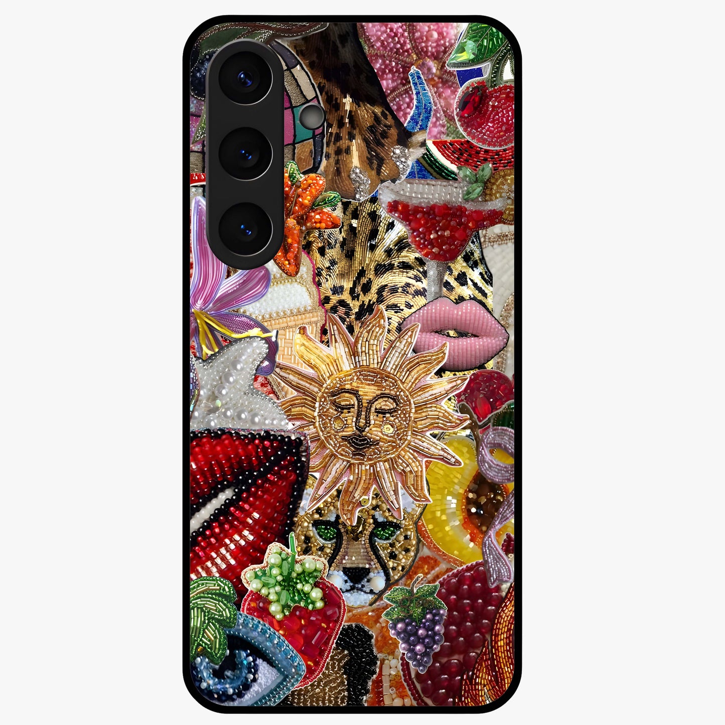 Beaded Fashion Jungle Glass Case showing flat back view with vibrant jungle inspired bead artwork and glossy glass finish.