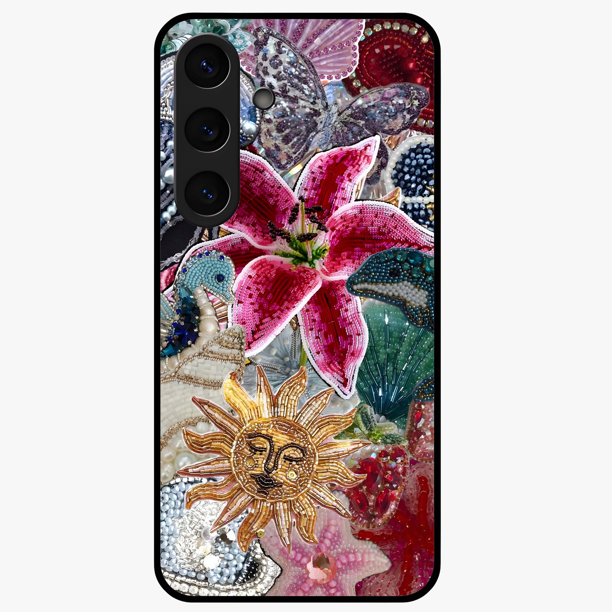 Beaded Garden Fantasy Glass Case showing flat back view with dreamy garden bead artwork and glossy glass finish.