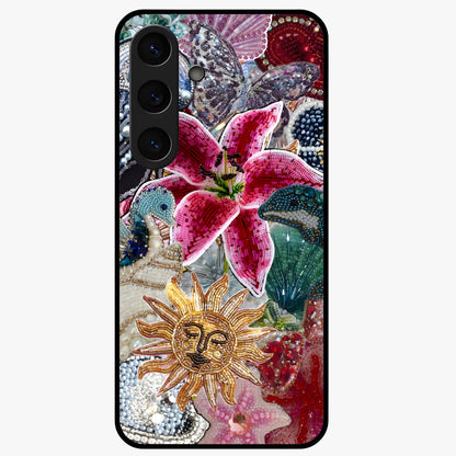 Beaded Garden Fantasy Glass Case showing flat back view with dreamy garden bead artwork and glossy glass finish.