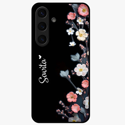 Black Elegance Floral Custom Name Glass Case showing flat back view with elegant floral artwork and personalized name design.